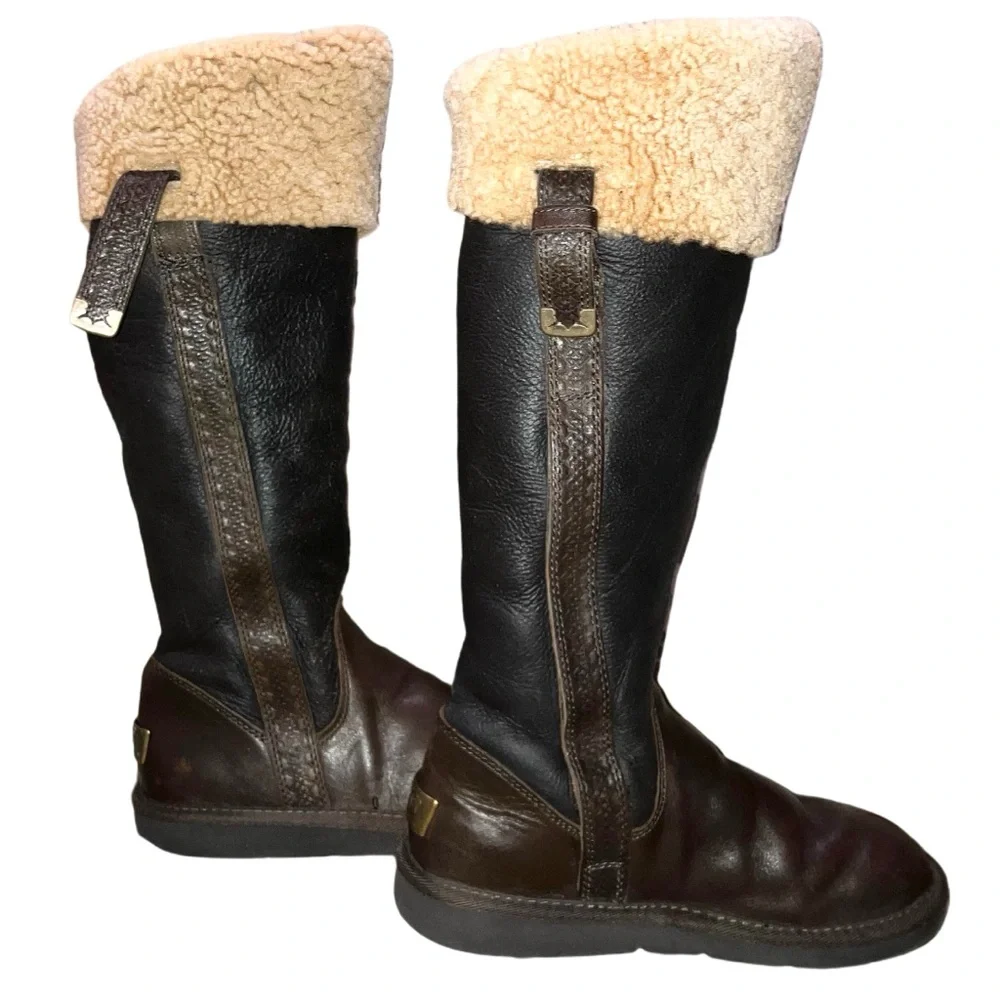 UGG Brooks Tall Boots Brown Leather Shearling Lined Flat Moto Style Women’s 6